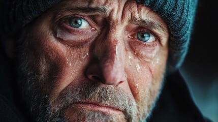 Obraz premium Emotional portrait of a middle-aged man with blue eyes and a distressed expression wearing a beanie in cold weather setting