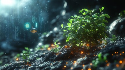 Futuristic Orchard with Digital Cultivator and Holograms. Generative AI