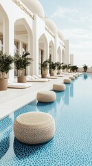The mosque's exquisite architectural details are reflected in the calm waters of the pool under a clear blue sky