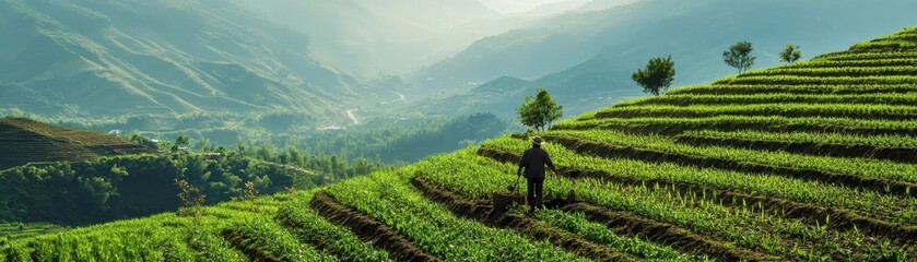 Fototapeta premium Lone Farmer Cultivating Diverse Crops on Terraced Hillside Thriving in Resilient Sustainable Agriculture