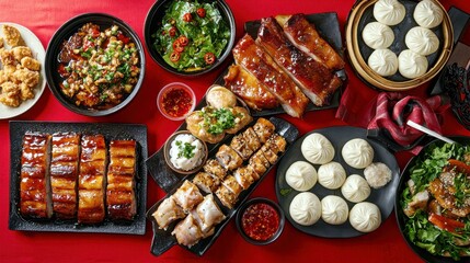 Fototapeta premium Delicious Assortment of Asian Cuisine Featuring Barbecue Ribs, Steamed Buns, Fresh Vegetables, Rice, and Flavorful Dishes on Vibrant Red Background