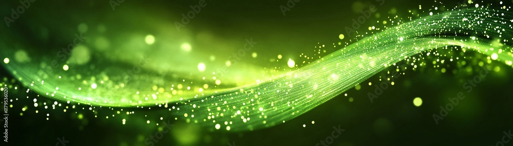 Poster Green particles flowing abstract background with bokeh effect