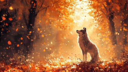 Lone wolf  by serene nature and soft evening light, style book illustration
