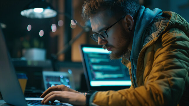 Focused and Driven: IT Specialist Programming on a Laptop in a Modern Workspace at the End of Every Title