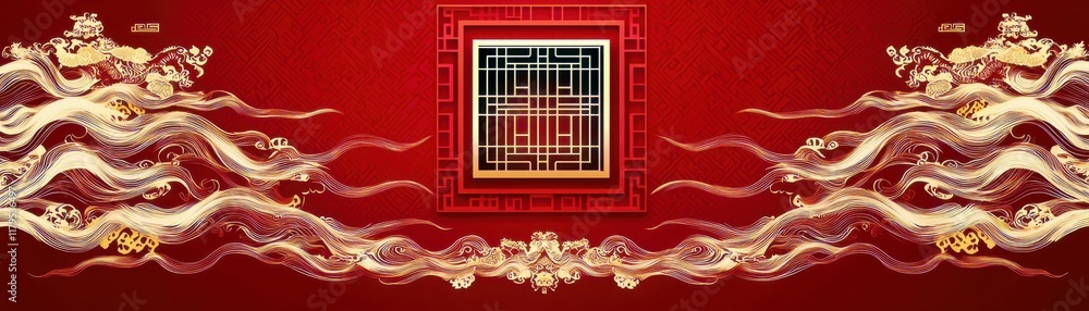 Poster Elegant traditional Chinese background featuring intricate patterns and vibrant red color scheme with flowing decorative elements, ideal for festive occasions