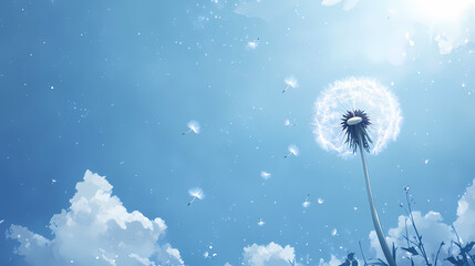 Obraz premium A dandelion flower blowing in the wind, with its seeds flying away against a blue sky background. a large area of the photo should be left blank on one side for text or design. Windborne. Illustration