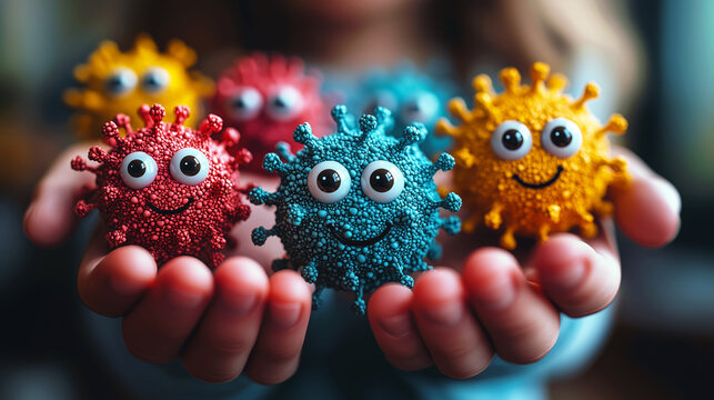Toy viruses in children's hands.