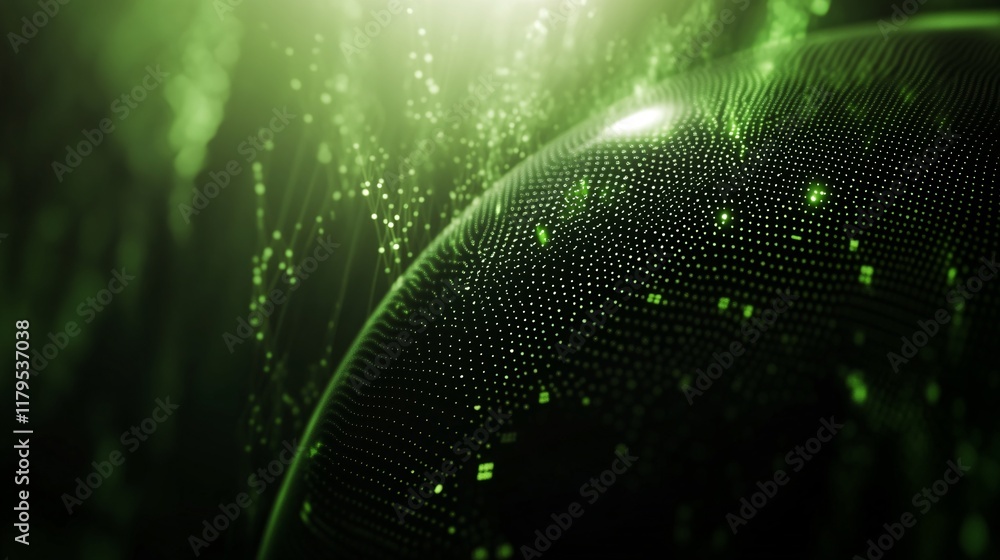 Poster green particles flowing around digital sphere creating abstract background