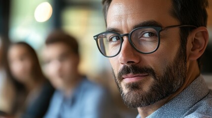 Fototapeta premium Thoughtful young man wearing glasses engaging in a conversation at a modern cafe with blurred background