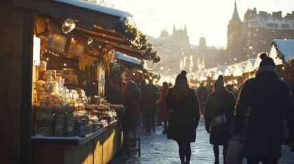 Obraz premium Winter Market Stroll: Enjoying Festive Treats and Bright Atmosphere