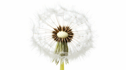 A delicate dandelion puff, ready to disperse its seeds, standing out against a bright white background. Windborne. Illustration