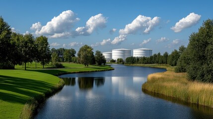 Fototapeta premium Close-up view of oil storage tanks by a river, showcasing reflections and a clear blue sky with clouds above in a commercial setting