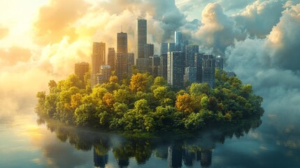 Obraz premium Modern City on a Forest Island Surrounded by Clouds. Generative AI