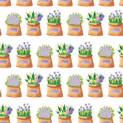 Seamless pattern, flowers pansies, narcissus, hyacinth, echinops, in paper bag, design for fabric, packaging. Vector.