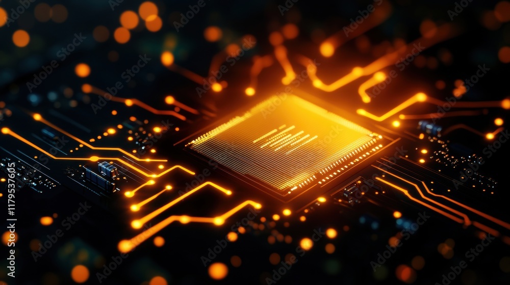 Poster intricate circuit board displaying complex electronic components and connections in a high-tech digi