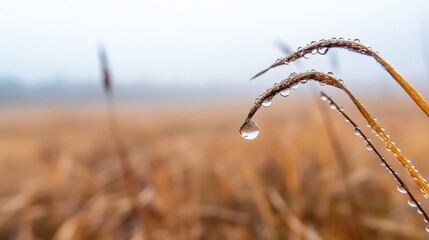 Obraz premium Close-up of Water Droplet on Dried Grass Blade in Foggy Landscape during Early Morning Hours