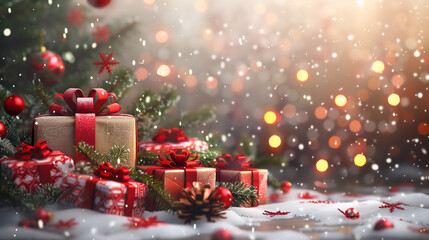 Festive Christmas Holiday Scene with Snow and Gift Boxes, Perfect for Seasonal Celebrations and Winter Decorations