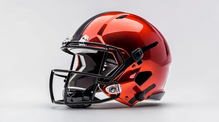 Fototapeta premium A modern football helmet with faceguard details, tilted slightly on a white background,