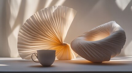 Elegant Paper Sculptures and a Cup in Soft Light