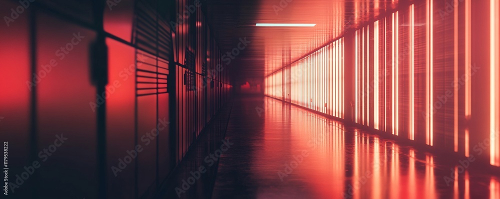Poster red neon lights illuminating long corridor with server racks