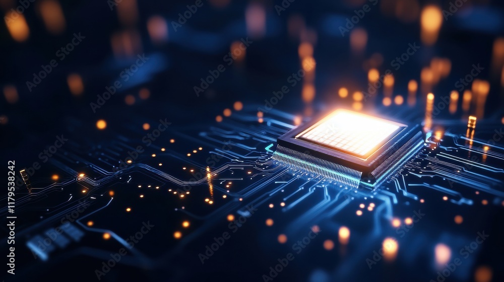 Poster illuminated processor chip on a circuit board radiating light in a high tech environment symbolizing