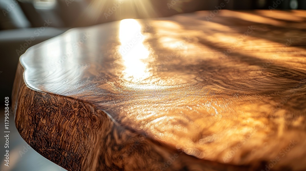 Poster close-up view of polished wooden surface with natural grain patterns and soft light reflections in a