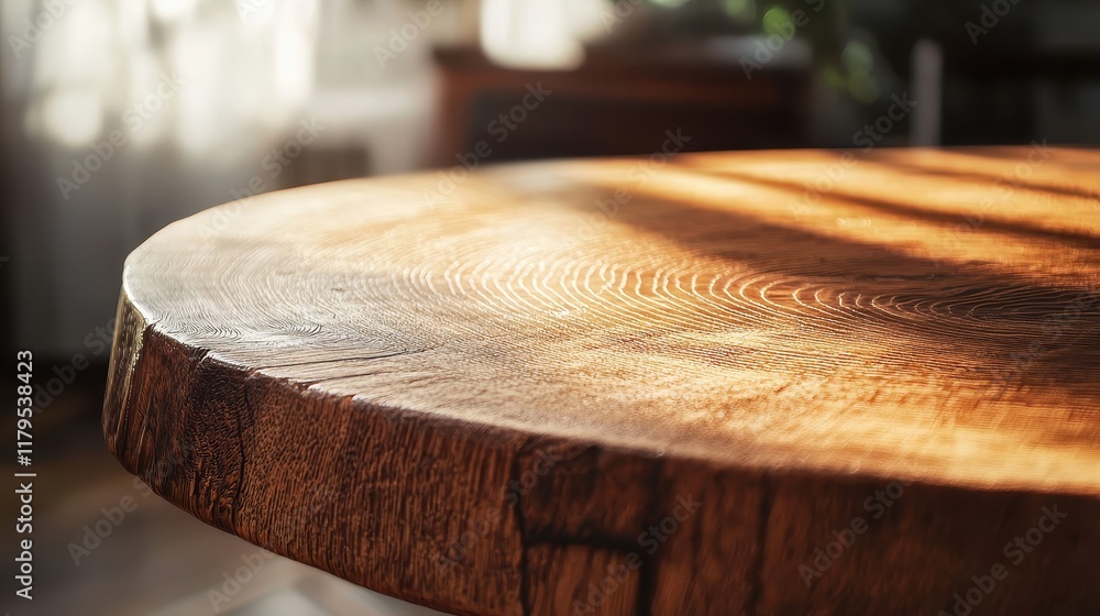 Poster close-up view of a natural wooden tabletop with rich grain patterns and texture in soft light