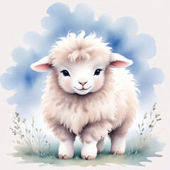 Dreamy Watercolor Lamb in Gentle Pastels on White Background
