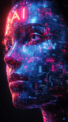 Artificial Intelligence. "AI". Beautiful female humanoid robot with visible pattern on skin. Array of interconnected digital symbols representing artificial intelligence.