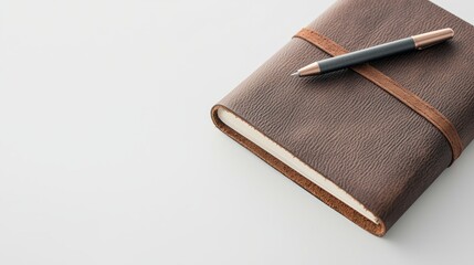 Elegant Brown Leather Journal with Pen on Clean White Surface for Writing and Note Taking