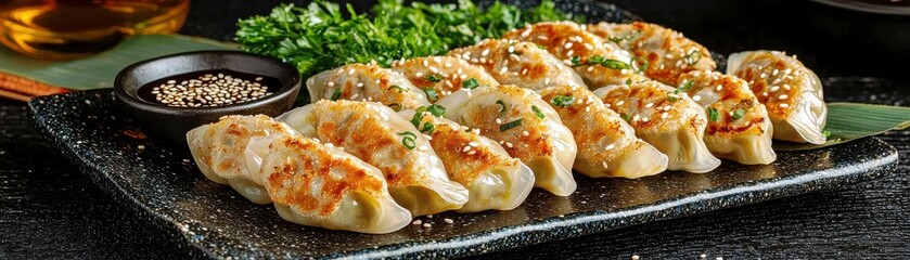 Deliciously cooked dumplings served on a black stone plate with a side of dipping sauce and garnished with fresh greenery and sesame seeds