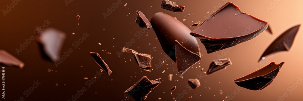 Aufkleber Delicious dark chocolate chunks of various shapes and sizes exploding and levitating against a blurred brown background, creating a dynamic and enticing composition