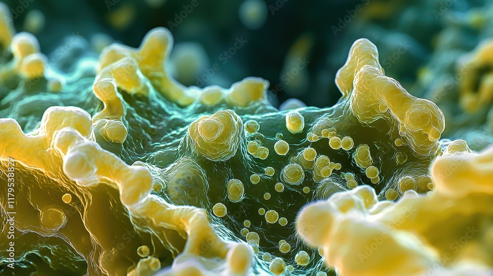 Poster detailed microscopic view of cellular structures with colorful granules and textured surfaces in abs
