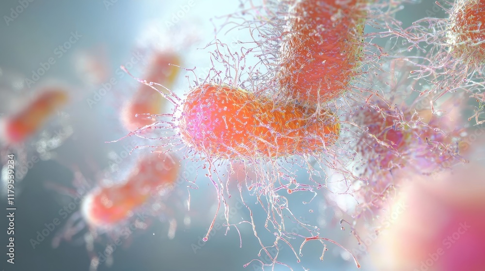 Poster microscopic view of colorful bacteria with filamentous structures in a vibrant environment