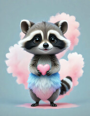 Adorable Tiny Raccoon Admiring a Heart-Shaped Cloud in Soft Pastel Watercolors