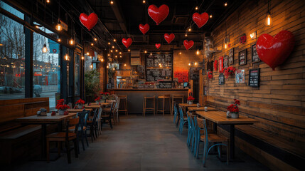 Cozy cafe with valentine's day heart decor and warm lighting. The 14th of February. Happy Valentine's Day