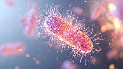 Colorful Illustration of Bacteria Cells with Cellular Structures and Microbial Details in a Glowing Environment