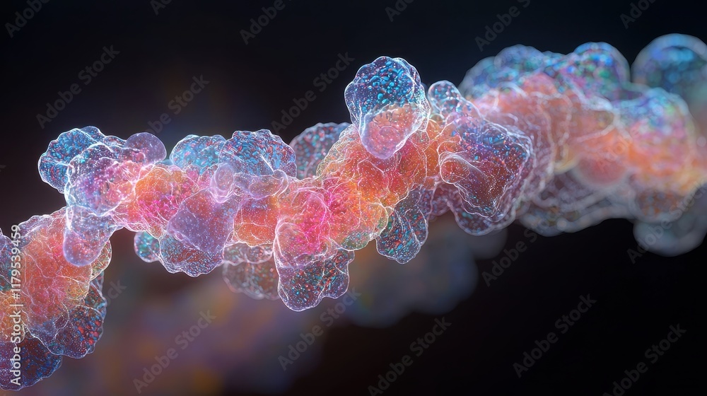 Poster colorful abstract representation of molecular structure with glowing particles and fluid motion agai