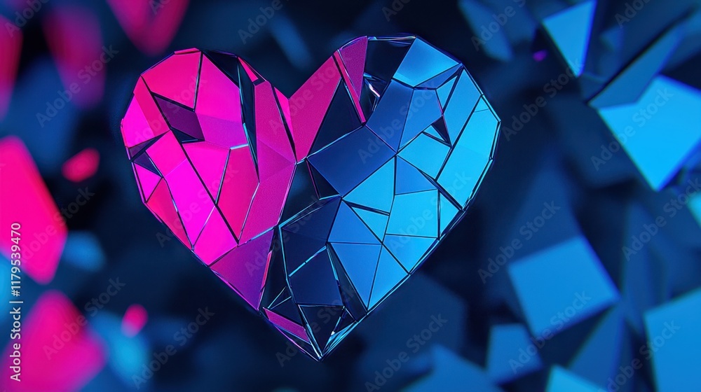 Poster luminous crystal heart with reflections and refracting light in abstract design