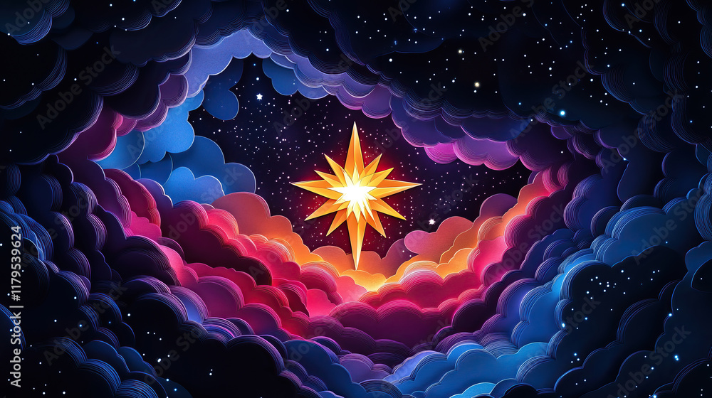 Wall mural paper cut style illustration abstract universe nebula clouds in space with star of bethlehem