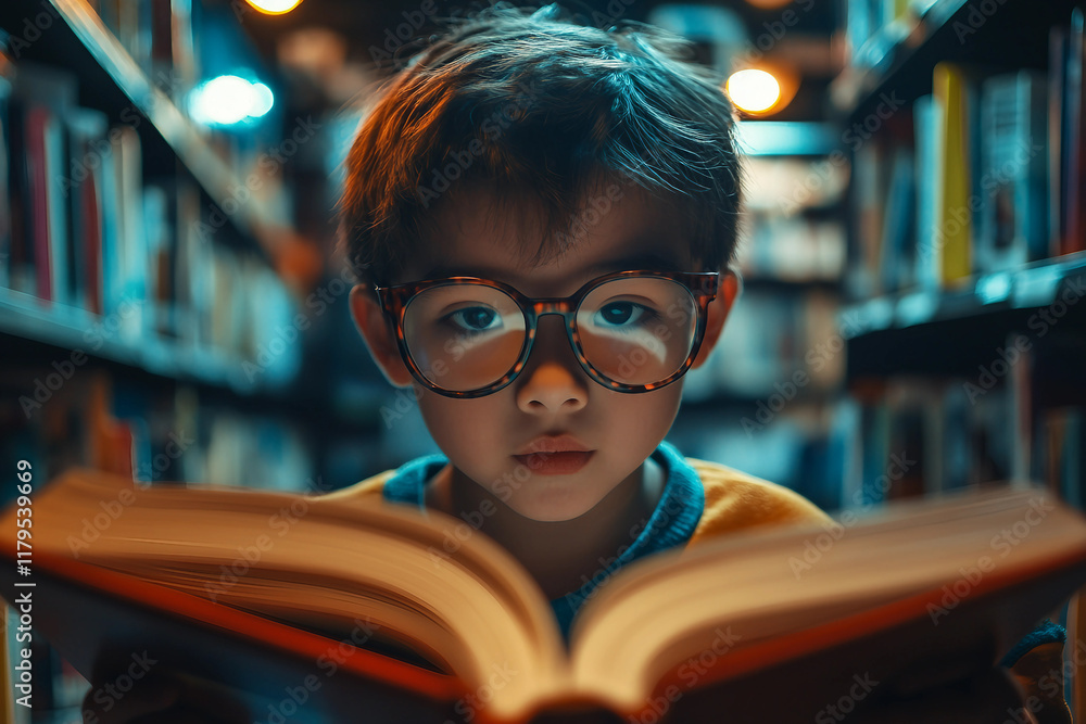 Poster kid in an atmospheric large library with many books made generative ai