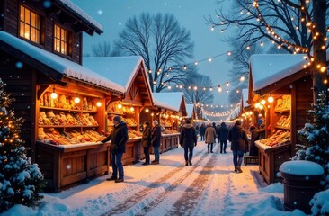 cozy winter market with stalls, snowy evening setting, warm lights illuminating the scene, wide shot showcasing the festive atmosphere, people shopping and enjoying hot drinks