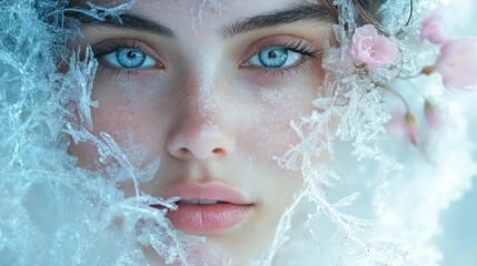 Ethereal Portrait of a Woman with Frosty Patterns and Blossoms, Capturing the Transition of Winter to Spring
