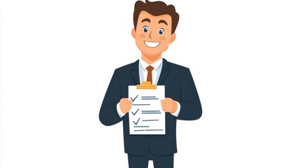 Confident businessman holding checklist and smiling