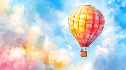 Fototapeta premium A vibrant watercolor painting of a hot air balloon soaring through the sky. Windborne. Illustration