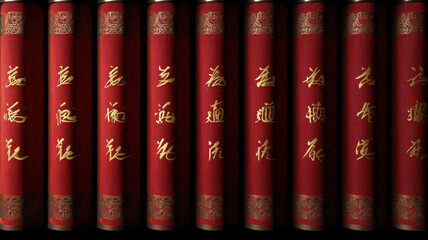 Chinese style blinds concept, Elegant red books with gold lettering, showcasing intricate designs and cultural significance