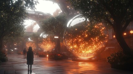 Futuristic Biosphere with Glowing Orbs and Trees. Generative AI