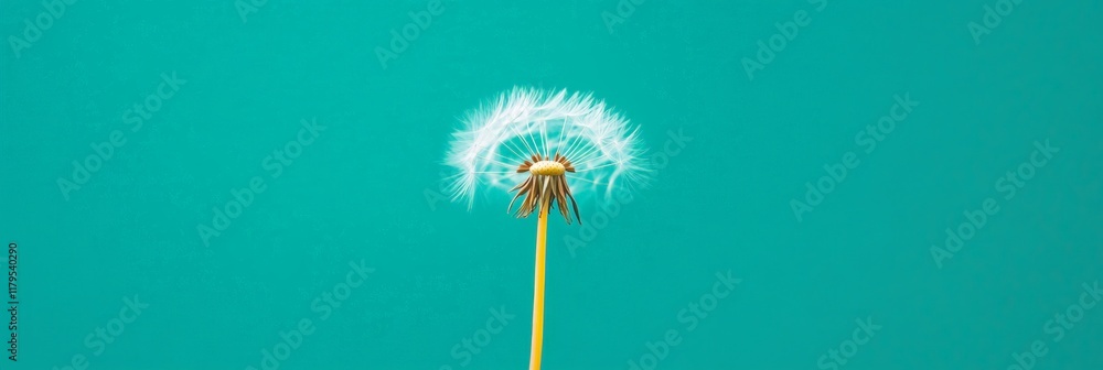 Poster dandelion seed head with some seeds still attached, creating a delicate and ethereal look against a 