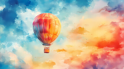 Obraz premium A vibrant watercolor painting of a hot air balloon soaring through the sky. Windborne. Illustration