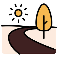 Landscape line icon. Nature scene with field, sun, tree and river outline vector sign. Country road linear style pictogram. Ecological or environmental symbol, logo illustration. Editable stroke.